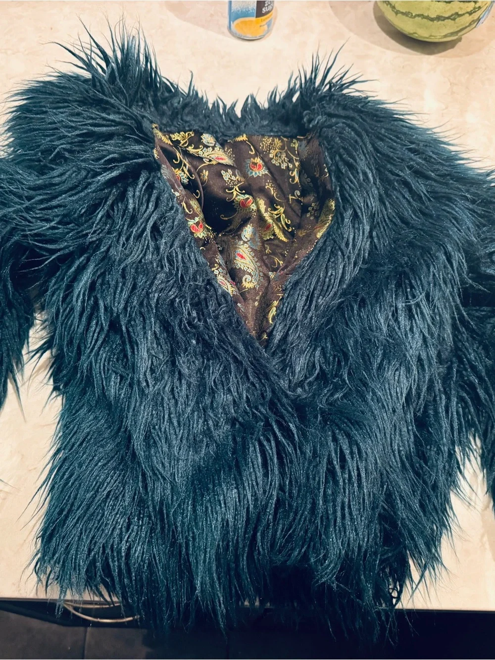 Free People Faux Fur Teal Jacket with Paisley Lining